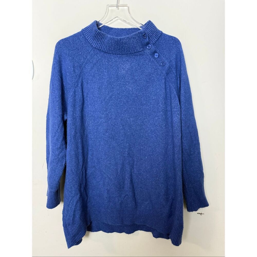 Talbots Plus Blue Funnelneck Button Shoulder Knit Sweater Womens 2X Cozy Casual